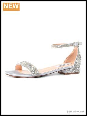 Rhinestone Low Block Heel Sandals Ankle Strap Open Toe Wedding Party